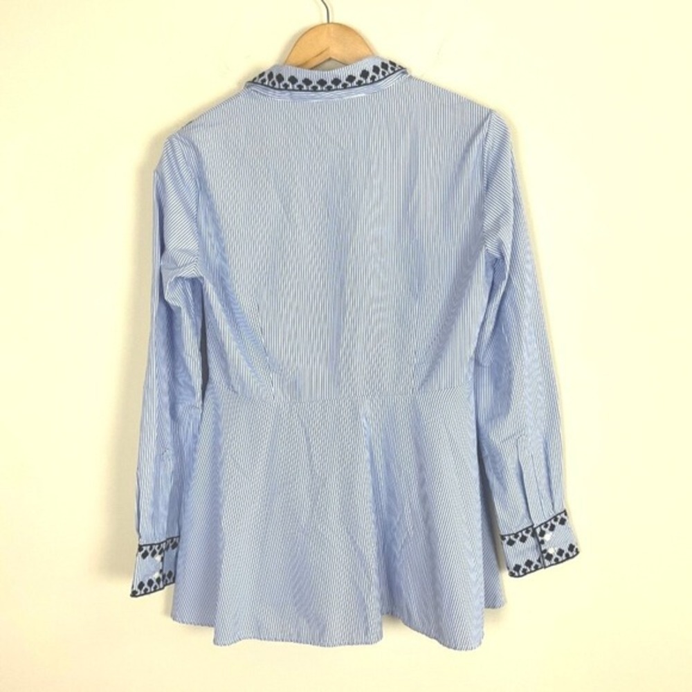 2/$30 Zara Oxford Blue White Stripe Embroidred Tassel Peplum Top Small - Picture 5 of 5